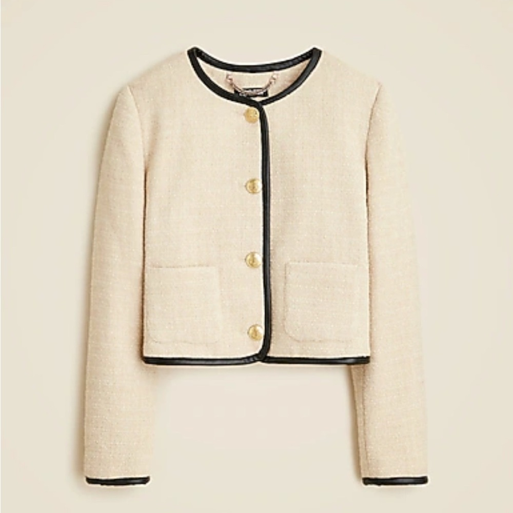 J. Crew Lucie jacket Boucle Tweed vegan leather trim.